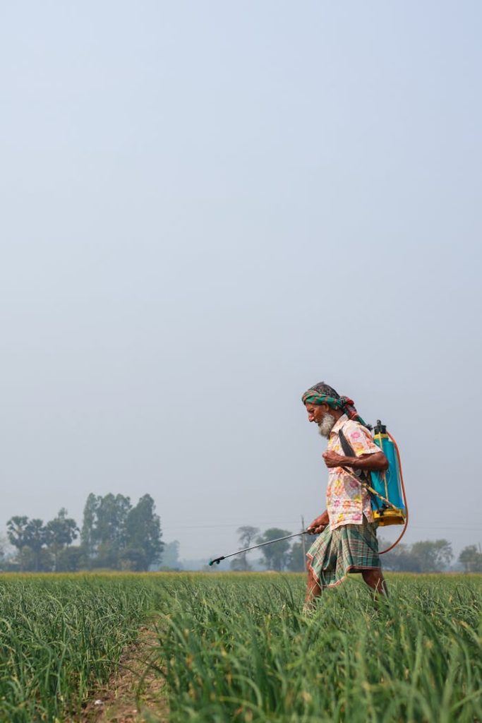 A farmer uses a backpack sprayer on fields in Pabna, Bangladesh, promoting rural agricultural practices.